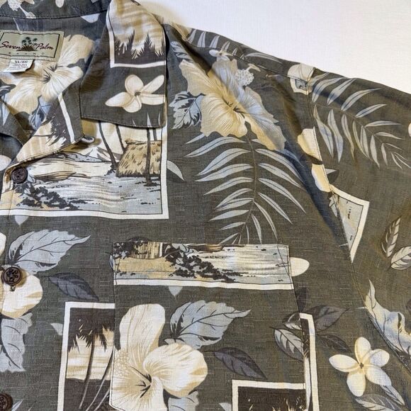 Seven‎ Palm Aloha Hawaiian XL Green Shirt Tiki Hula Wahine Floral Leaves - Picture 12 of 14